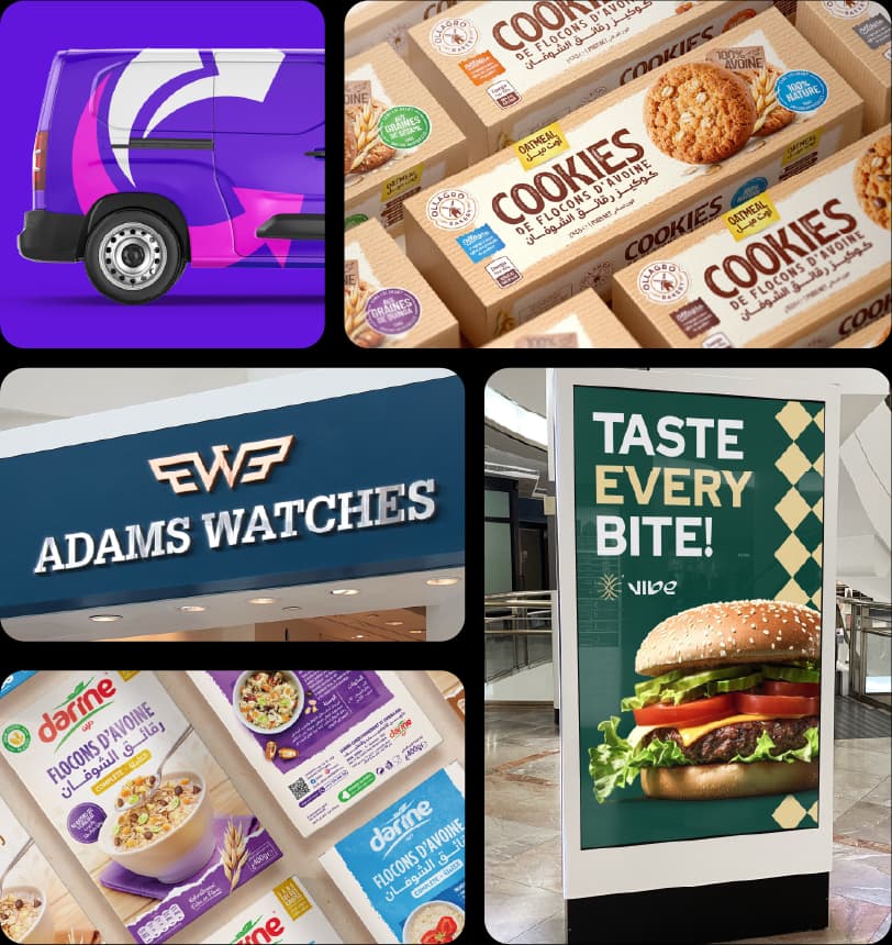 A collage of SkyBrand client work — logos, packaging and websites